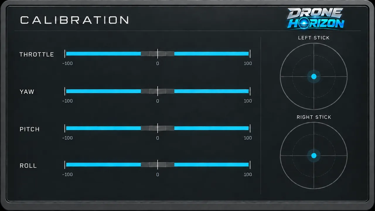 Drone Horizon branded calibration illustration with throttle yaw pitch roll bars and stick positions