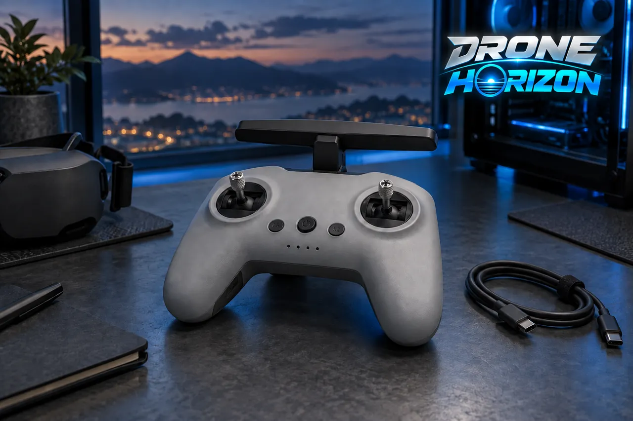 Drone Horizon compatibility study with an unbranded compact FPV remote and USB-C cable