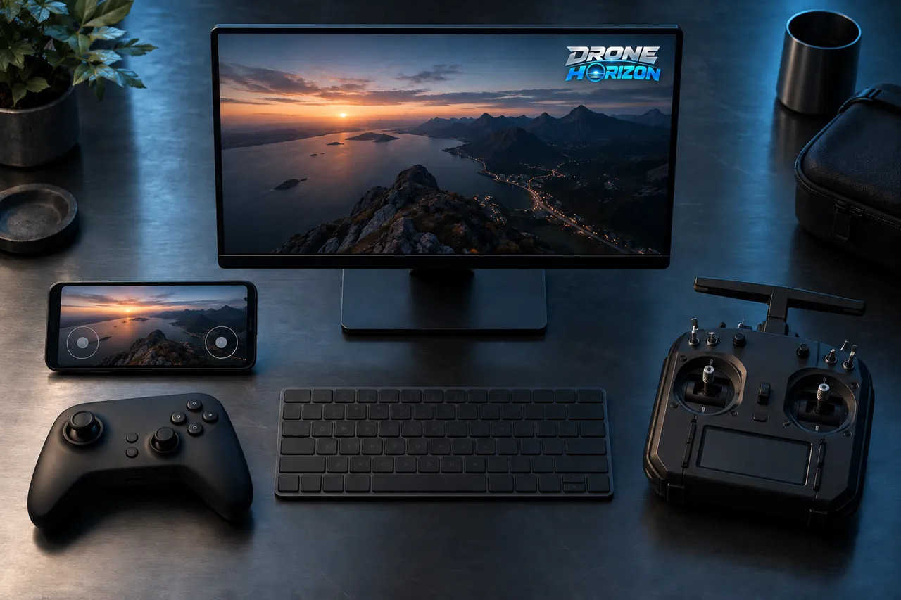Drone Horizon monitor, touchscreen phone, keyboard, gamepad and FPV radio