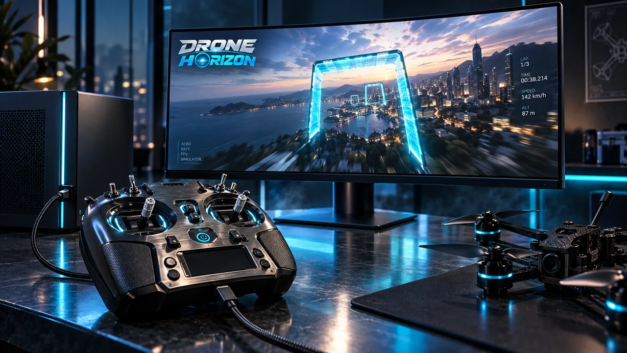 Drone Horizon FPV radio and simulator workstation with branded monitor