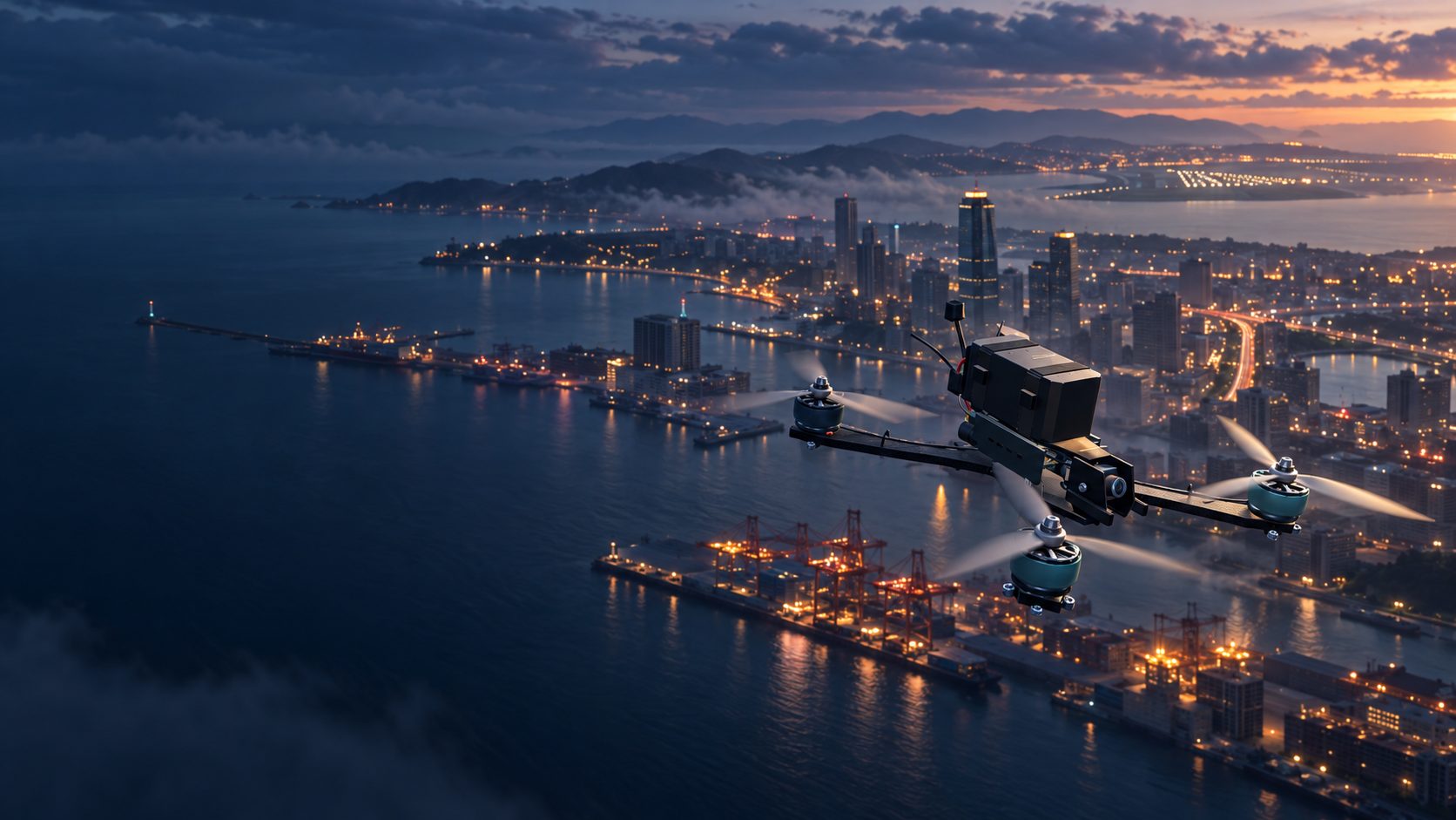 Drone Horizon key art: a quadcopter above a coastal city at dusk