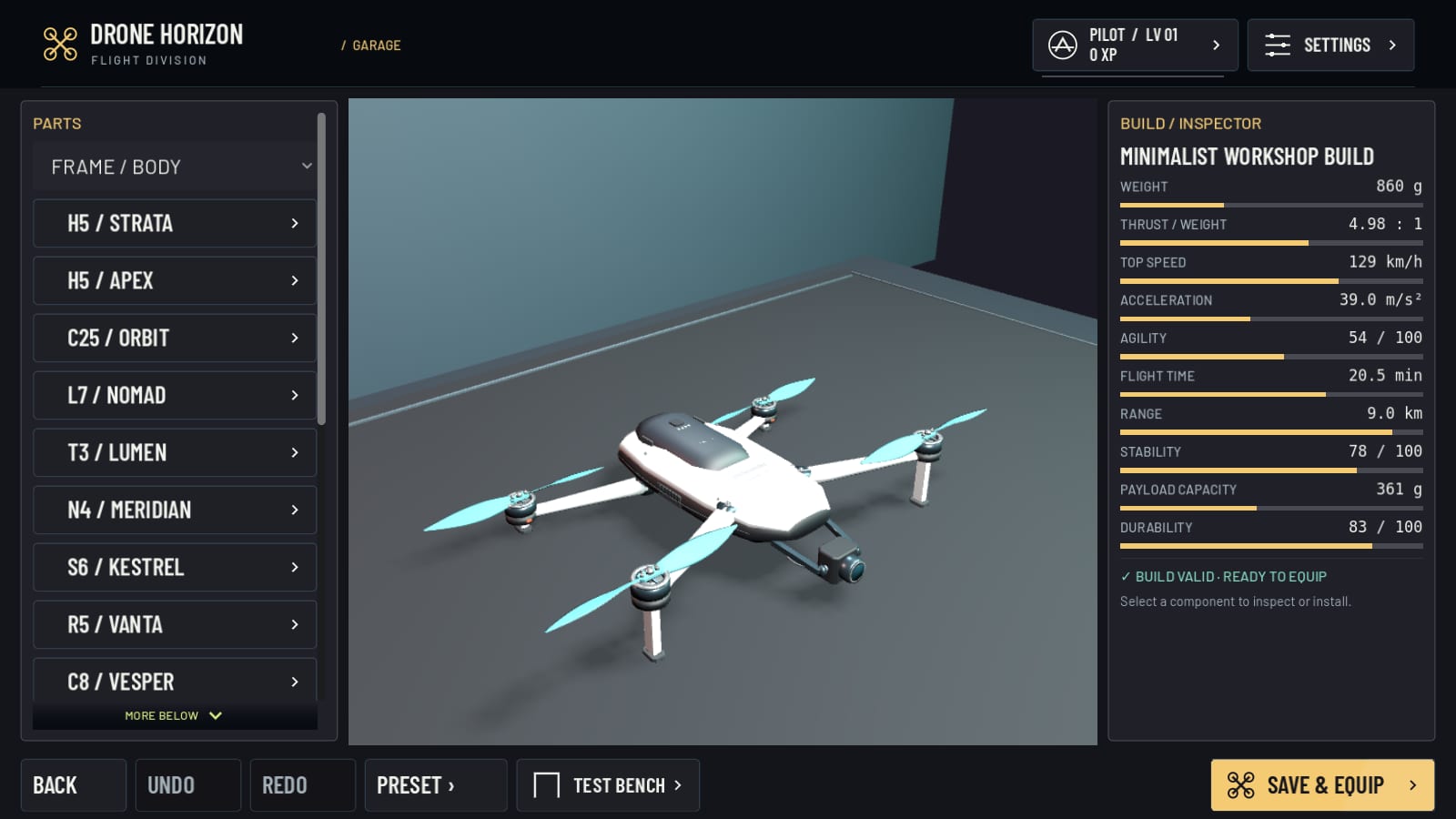 The Drone Horizon Garage with a custom quadcopter and component choices