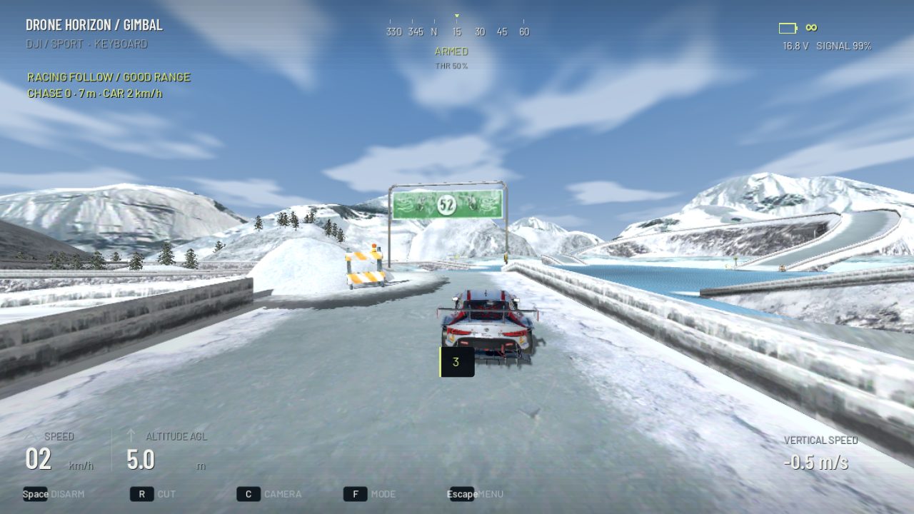 Drone Horizon mountain road car-following scene