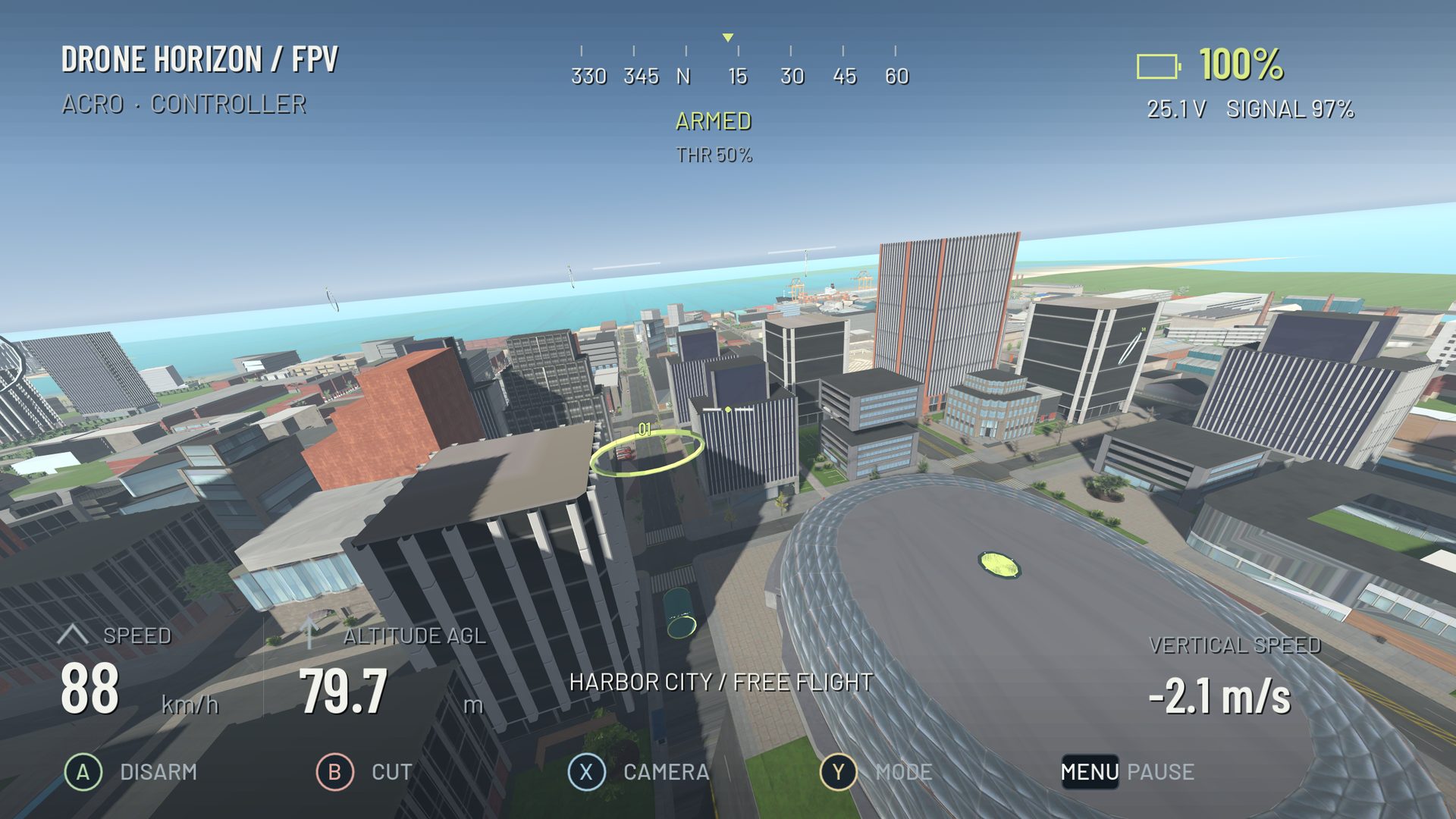 Drone Horizon FPV view above Harbor City during manual flight