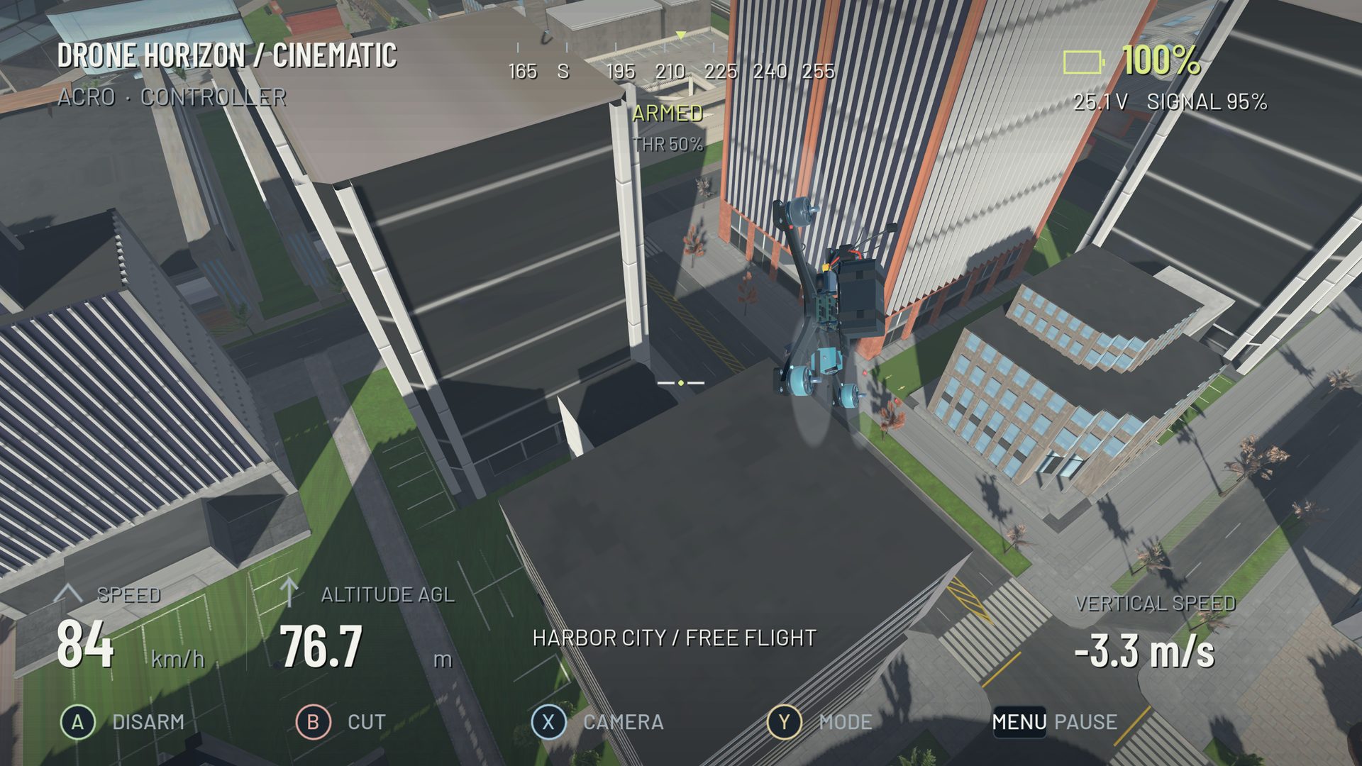 Drone Horizon quadcopter diving beside Harbor City high-rise buildings