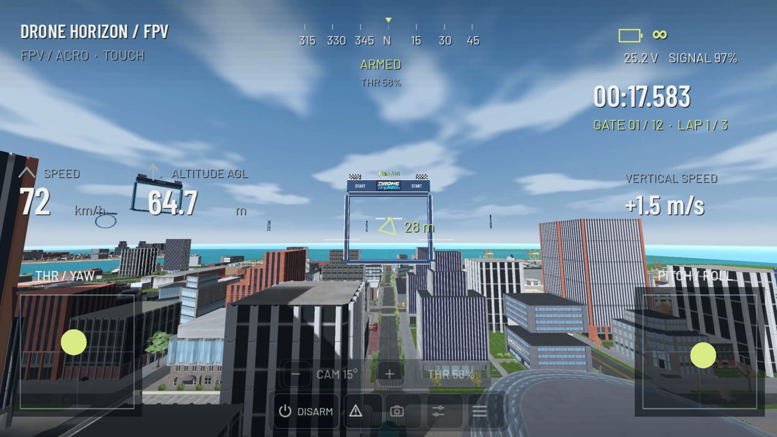 Actual first-person gameplay: flying toward a race gate over Harbor City