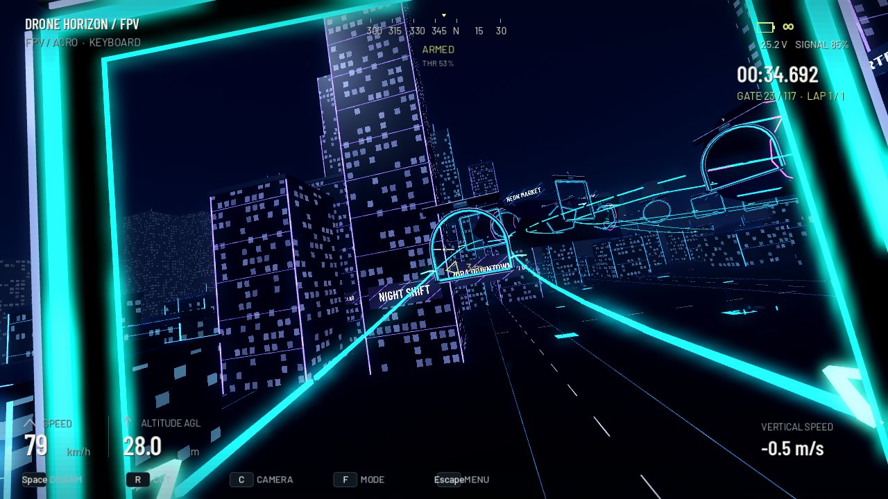 Drone Horizon FPV race in Neon City with an illuminated gate and live lap timer