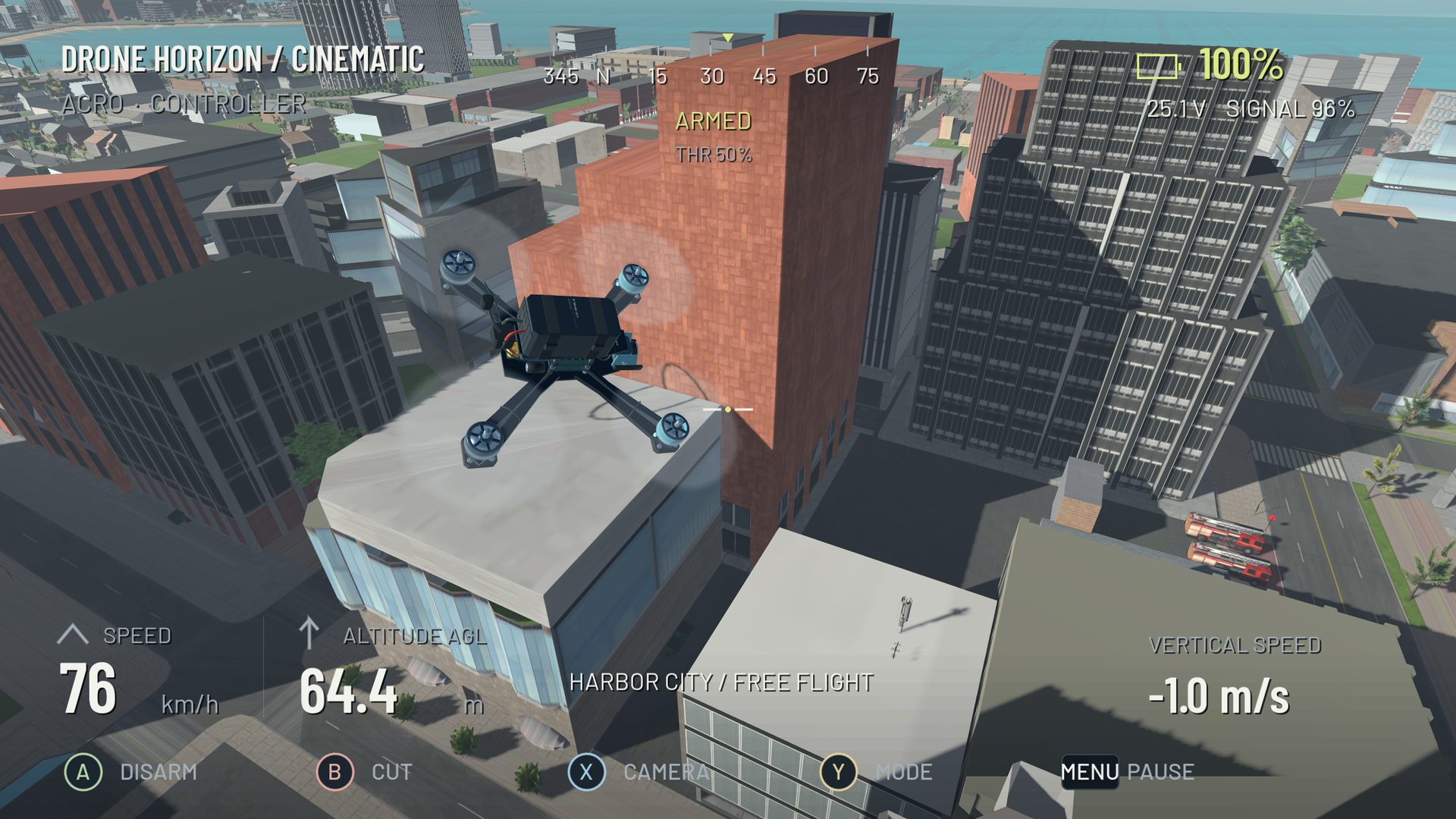 Drone Horizon rigid-body flight physics banking beside a skyscraper