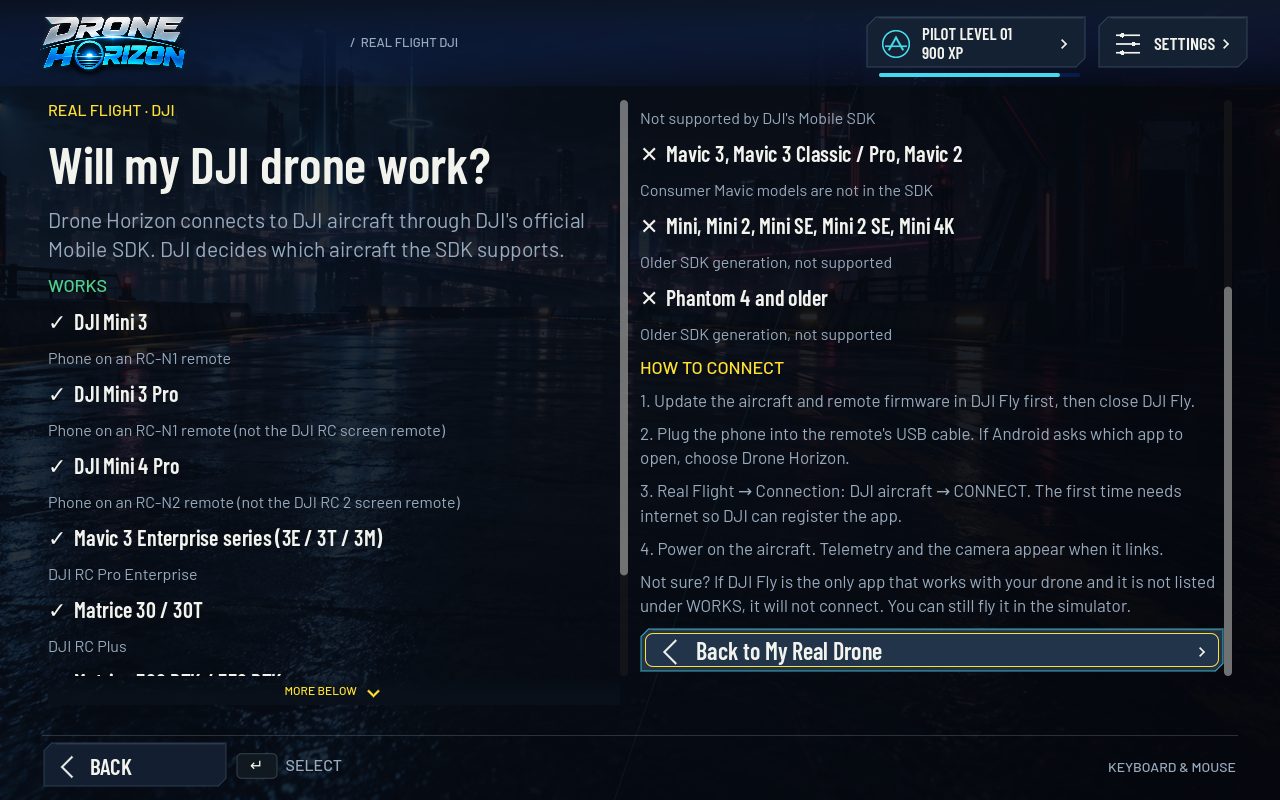 Drone Horizon "Will my DJI drone work?" page listing supported and unsupported DJI aircraft