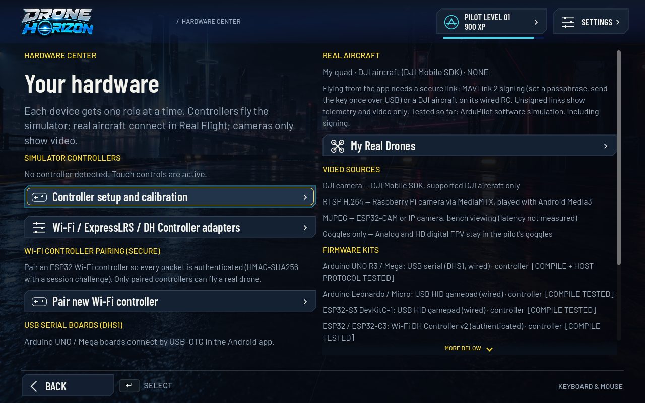 Drone Horizon Hardware Center with simulator controllers, Wi-Fi pairing, real aircraft, video sources and firmware kits