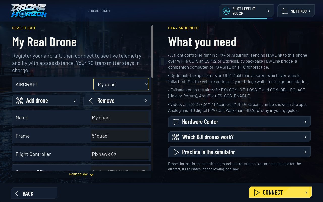 Drone Horizon My Real Drone setup page with aircraft profile fields and a What you need panel