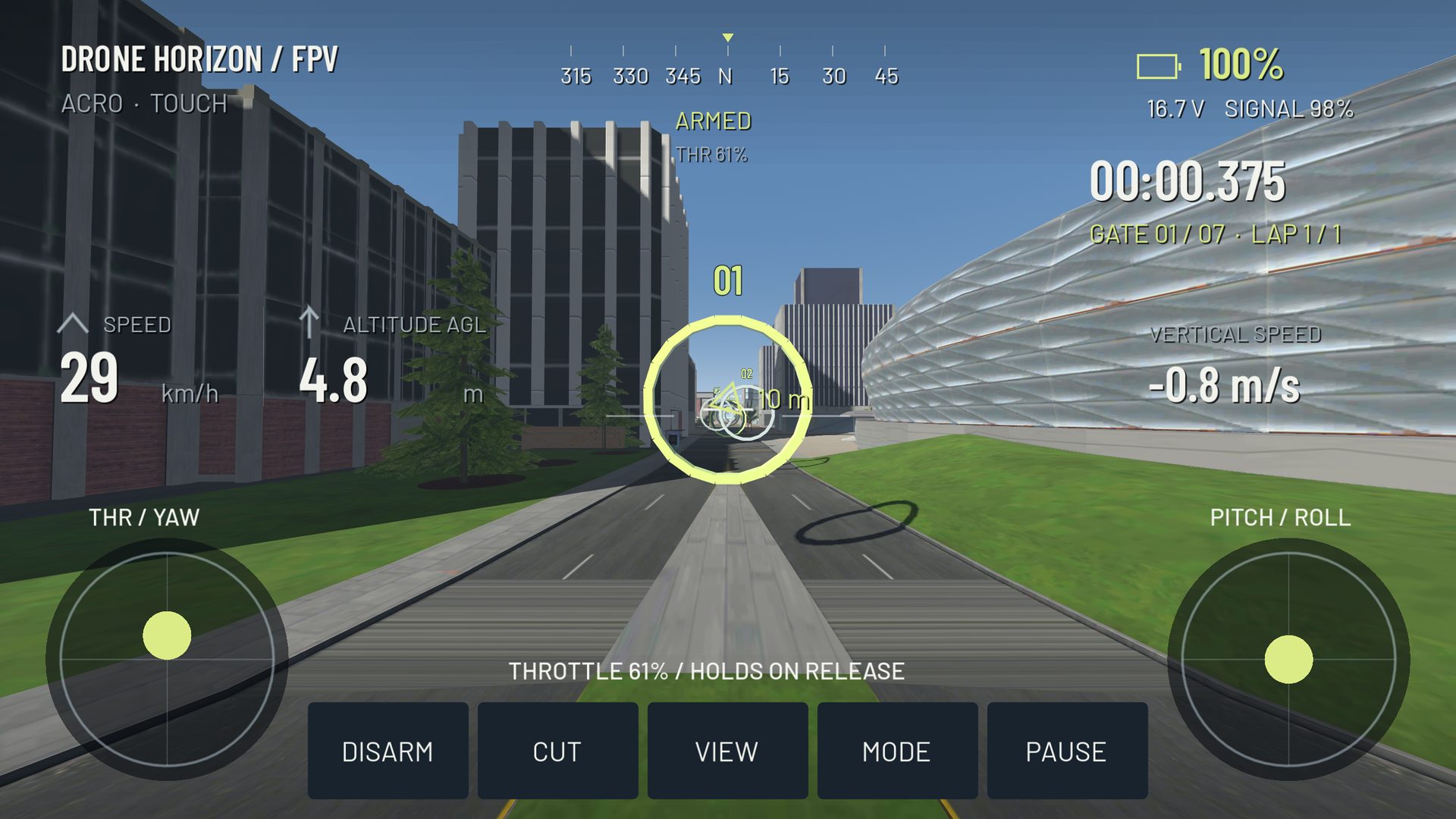 Drone Horizon training flight with touch sticks, a gate and flight telemetry