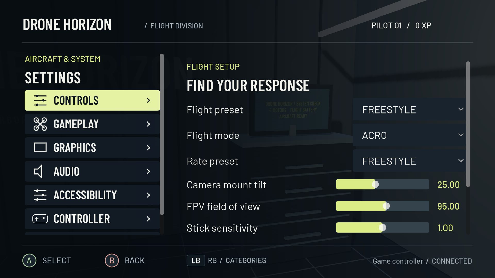 Drone Horizon control settings for flight input and tuning